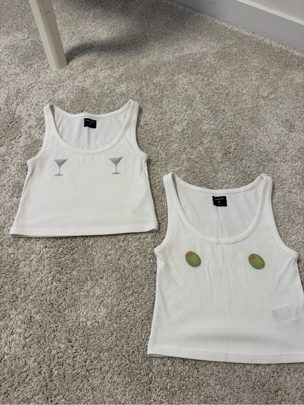 White Ribbed Tank Tops with Martini & Olive Motifs (Set of 2)